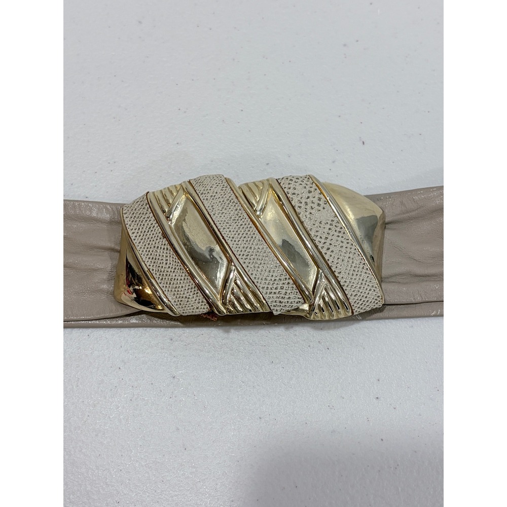 Vintage 1987 Leather Shop Taupe Leather Waist Belt Gold Sculptural Buckle 34in